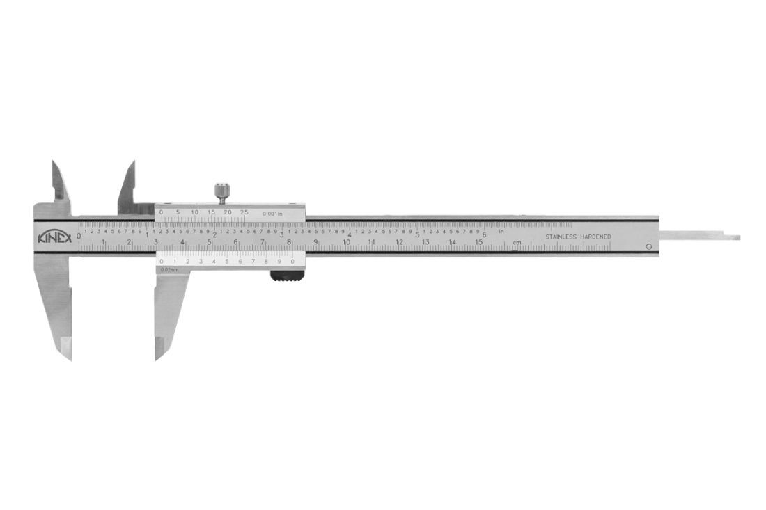 Posuvné měřítko s hloubkoměrem KINEX 150 mm, 0,02 mm, aretace šroubkem, paralelní vedení, monoblok, TOP QUALITY, DIN 862 6000-02-150