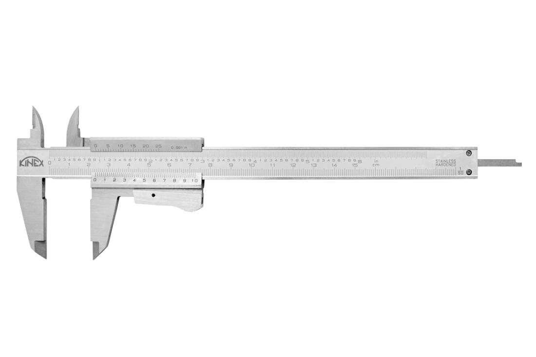 Posuvné měřítko KINEX 150 mm, 0,02 mm, aretace tlačítkem, mm+inch, monoblok, ČSN 25 1238, DIN 862 6000-3