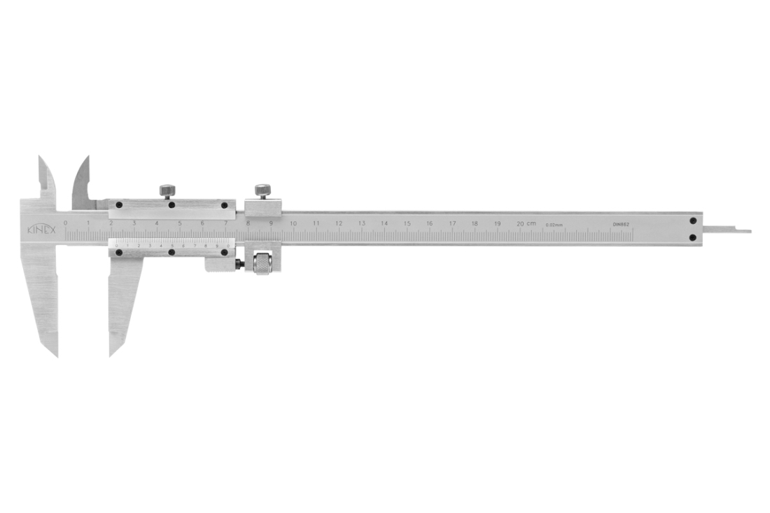 Posuvné měřítko KINEX 200 mm, 0,02 mm, jemné stavění, aretace šroubkem, ČSN 25 1238, DIN 862 6002