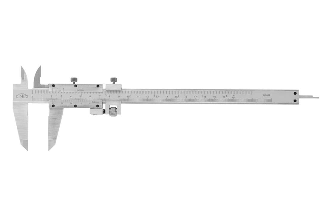 Posuvné měřítko s vnitřním měřením a hloubkoměrem KINEX 300 mm, 0,05 + 1/128 inch, jemné stavění, DIN 862 6003-90-1