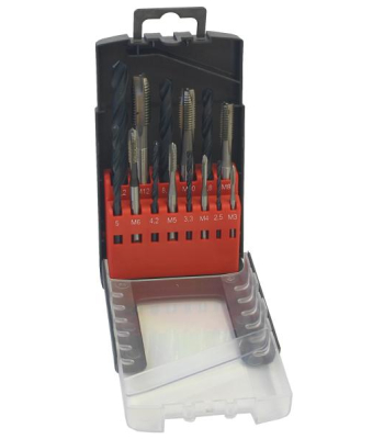Drill Bit Set and Taps 14 piece 4CZECH, M3-M12 PN8/1371(102)a8/1376(105), straight groove with a blade HSS, plastic box (SV1121RNHSS-14PA)