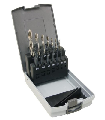 Drill Bit Set CZ002 and Taps into the blind holes 4CZECH, helical groove, plastic box (SV338RCZ002HSS-14BP)